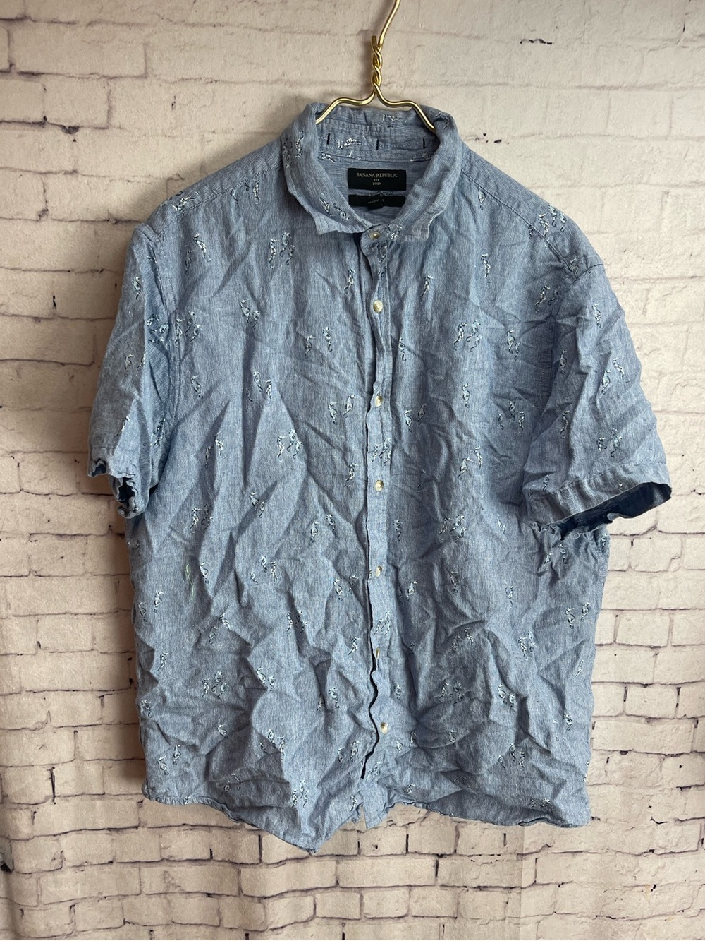 Banana Republic factory linen short sleeve shirt blue seahorse design xl